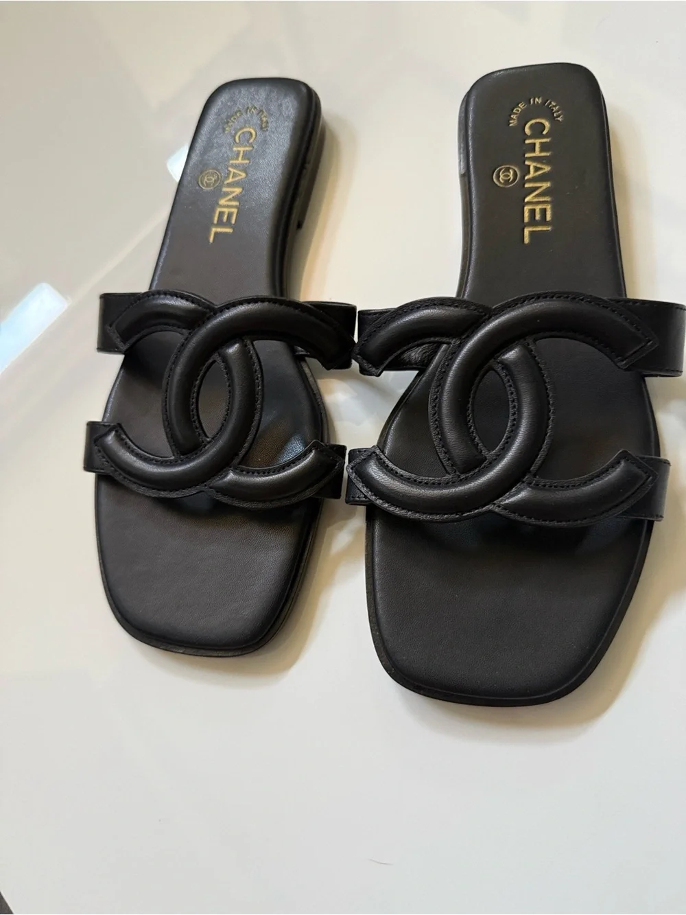 CHANEL Black Padded CC Logo Slide mule Sandals